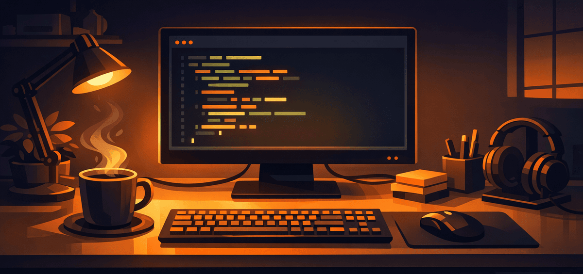 Warm desk setup with monitor showing code, lamp, coffee cup, and headphones ready for hands-on practice